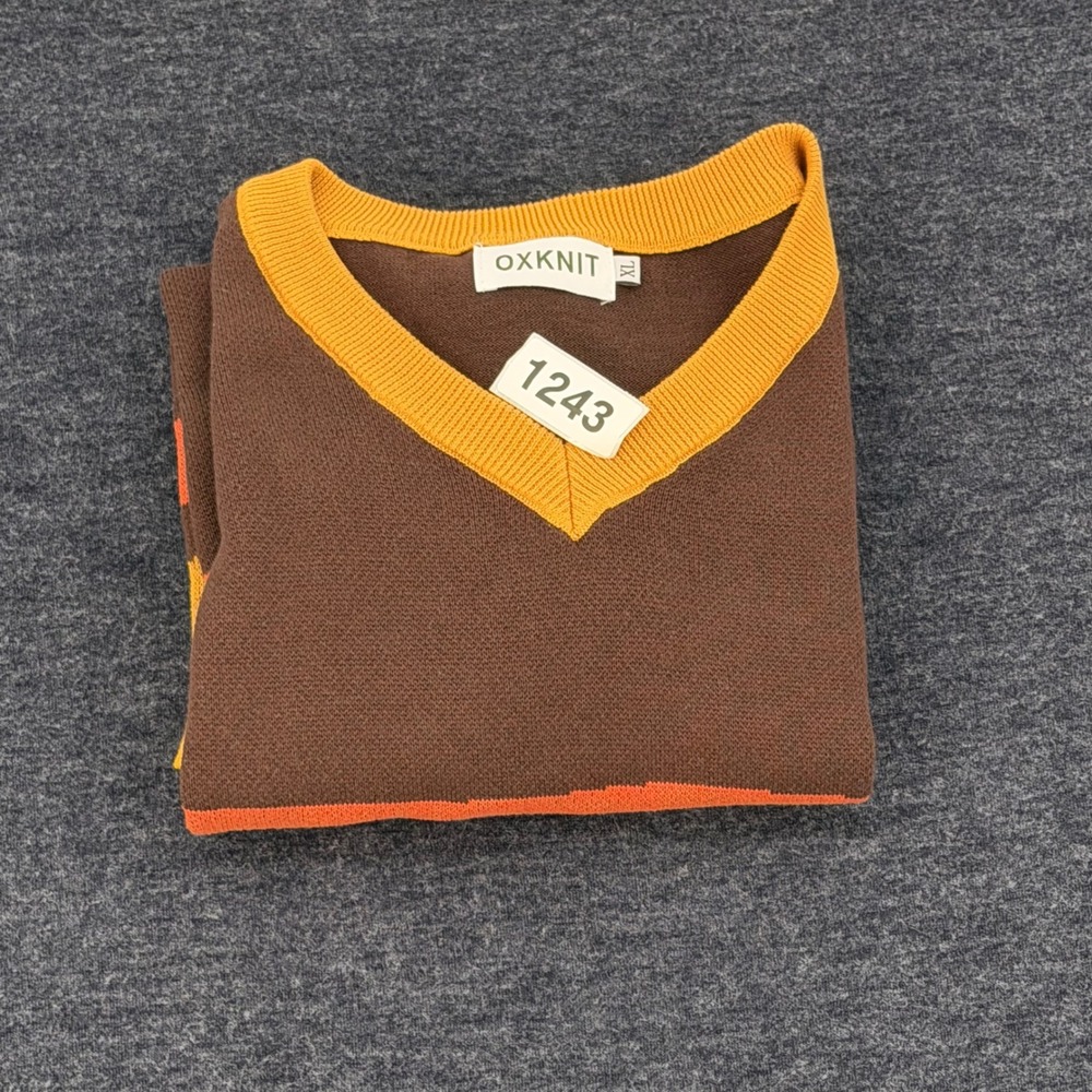 OXKNIT Short Sleeve Sweater Mens XL Brown Orange Stripe Retro Excellent - Picture 8 of 8